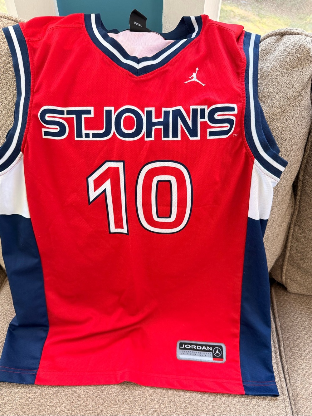 Vintage Jordan Red St. John's #10 Basketball Jersey with Navy & White Trim